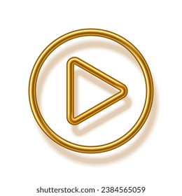 Botón de juego blanco con ilustración vectorial 3d de borde dorado. Resumen del anillo de círculo dorado sobre fondo blanco con triángulo. Icono Reproducir, Pulse para iniciar. Multimedia, audio, video, cine, música.