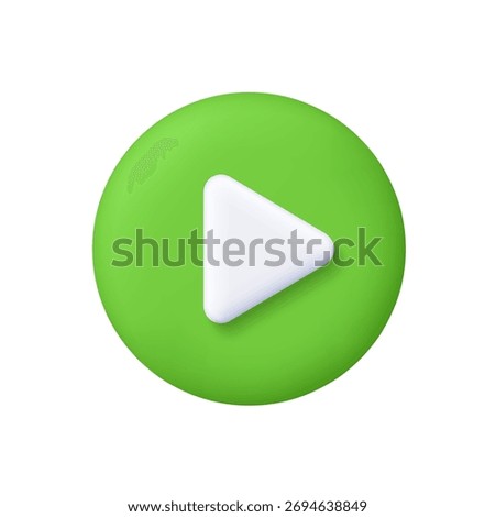 White play button on green circle button. Multimedia, video content, streaming platforms, user interfaces and entertainment concept. 3d vector icon. Cartoon minimal style.