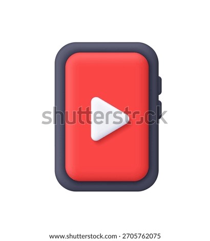 White play button on red smartphone screen. Multimedia, social media, video content, streaming, user interfaces and entertainment concept. 3d vector icon. Cartoon minimal style.