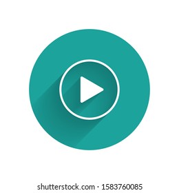 White Play in circle icon isolated with long shadow. Green circle button. Vector Illustration