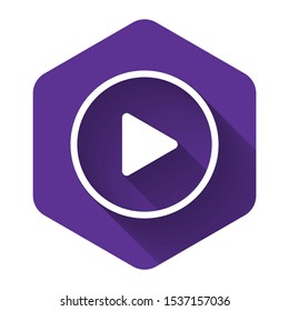 White Play icon isolated with long shadow. Purple hexagon button. Vector Illustration