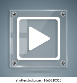 White Play in square icon isolated on grey background. Square glass panels. Vector Illustration
