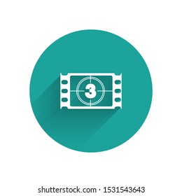 White Play Video icon isolated with long shadow. Film strip with start sign. Green circle button. Vector Illustration