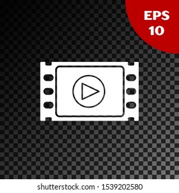 White Play Video icon isolated on transparent dark background. Film strip with play sign.  Vector Illustration