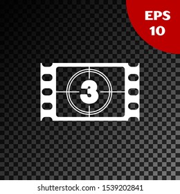 White Play Video icon isolated on transparent dark background. Film strip with start sign.  Vector Illustration