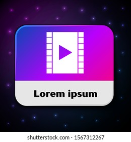 White Play Video icon isolated on black background. Film strip with play sign. Rectangle color button. Vector Illustration