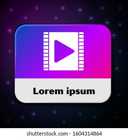 White Play Video icon isolated on black background. Film strip with play sign. Rectangle color button. Vector Illustration