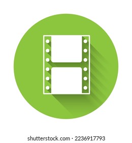White Play video icon isolated with long shadow background. Film strip sign. Green circle button. Vector