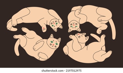 White playful Cats lying in various poses. Uncomfortable positions. Funny cute characters set. Hand drawn modern Vector illustration. T-shirt print, poster, sticker, card, logo design template