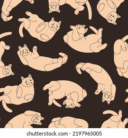 White playful Cats lying in various poses. Cozy, comfortable positions. Funny cute characters. Hand drawn modern Vector illustration. Square seamless Pattern. Background, wallpaper