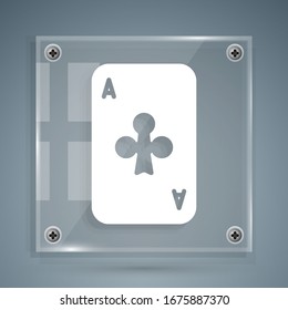 White Playing card with clubs symbol icon isolated on grey background. Casino gambling. Square glass panels. Vector Illustration