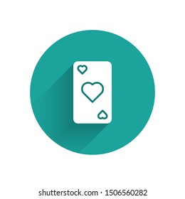 White Playing card with heart symbol icon isolated with long shadow. Casino gambling. Green circle button. Vector Illustration