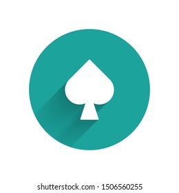 White Playing card with spades symbol icon isolated with long shadow. Casino gambling. Green circle button. Vector Illustration