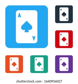 White Playing card with spades symbol icon isolated on white background. Casino gambling. Set icons in color square buttons. Vector Illustration