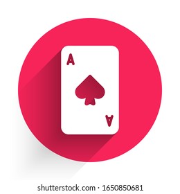 White Playing card with spades symbol icon isolated with long shadow. Casino gambling. Red circle button. Vector Illustration