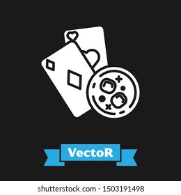 White Playing cards and glass of whiskey with ice cubes icon isolated on black background. Casino gambling.  Vector Illustration