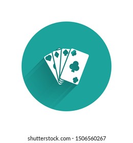 White Playing cards icon isolated with long shadow. Casino gambling. Green circle button. Vector Illustration