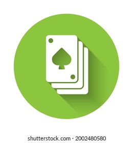 White Playing cards icon isolated with long shadow. Casino gambling. Green circle button. Vector