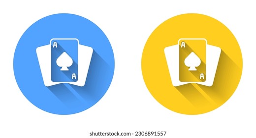 White Playing cards icon isolated with long shadow background. Casino gambling. Circle button. Vector