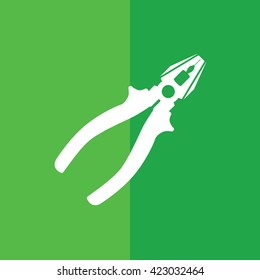 White pliers icon vector. Green background