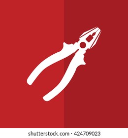 White pliers icon vector. Red background