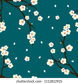 White Plum Blossom Flower on Indigo Blue Background. Vector Illustration.