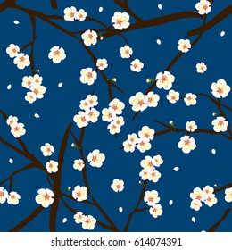 White Plum Blossom Flower on Indigo Blue Background. Vector Illustration.