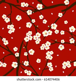 White Plum Blossom Flower On Red Background. Vector Illustration.