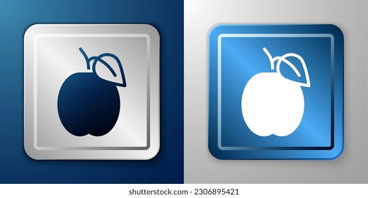 White Plum fruit icon isolated on blue and grey background. Silver and blue square button. Vector