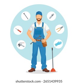 White Plumber Standing with Plumbing Tools on White Background – Vector Illustration Featuring Pipe Coupling, Wrench, Rubber Glove, Plunger, Screwdriver, Pliers, Pipe Fitting – Labor Day Concept