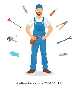 White Plumber Standing with Plumbing Tools on White Background – Vector Illustration Featuring Pipe Coupling, Wrench, Rubber Glove, Plunger, Screwdriver, Pliers, Pipe Fitting – Labor Day Concept