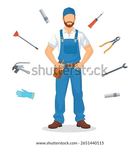 White Plumber Standing with Plumbing Tools on White Background – Vector Illustration Featuring Pipe Coupling, Wrench, Rubber Glove, Plunger, Screwdriver, Pliers, Pipe Fitting – Labor Day Concept