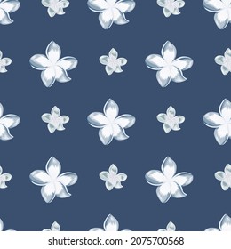 Flor de plumeria blanca sin soldadura en fondo azul. Papel de pared tropical exótico. Resumen del fondo botánico. Diseño para tela, impresión textil, envoltura, cubierta. Ilustración vectorial.