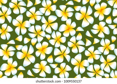 White plumeria flowers in simple elegant style on deep green leaves. Abstract decorative frangipani floral vector illustration. Seamless pattern. Repitable motif