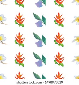 White Plumeria. Orange Heliconia. Purple Bllflower. Vector illustration. Seamless background pattern. Floral botanical flower. Wild leaf wildflower isolated. Exotic tropical hawaiian jungle. Fabric.