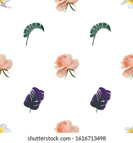 White Plumeria. Pink Rose. Green Palm Leaf. Purple Banana Leaf. Vector illustration. Seamless background pattern. Floral botanical flower. Wild leaf wildflower isolated. Exotic tropical hawaiian.