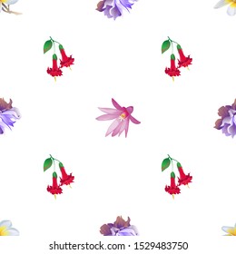 White Plumeria. Violet Clematis. Red Angel Trumpet. Purple Hatiora. Vector illustration. Seamless background pattern. Floral botanical flower. Wild leaf wildflower isolated. Exotic tropical hawaiian.
