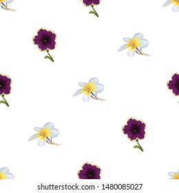White Plumeria. Violet Petunia. Vector illustration. Seamless background pattern. Floral botanical flower. Wild leaf wildflower isolated. Exotic tropical hawaiian jungle. Fabric wallpaper print.