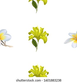 White Plumeria. Yellow Lilium. Vector illustration. Seamless background pattern. Floral botanical flower. Wild leaf wildflower isolated. Exotic tropical hawaiian jungle. Fabric wallpaper print.
