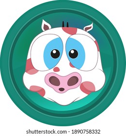White, plump cow, with red spots, on a green badge in the form of a button.