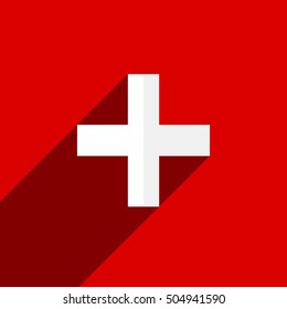 White plus, cross symbol with shadow on backdrop. Icon for medical, healthcare, first aid concepts