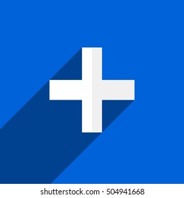 White plus, cross symbol with shadow on backdrop. Icon for medical, healthcare, first aid concepts