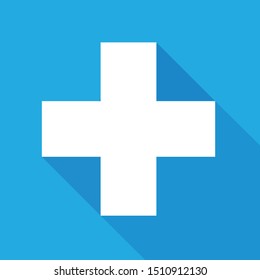 White plus with a long shadow, on a blue background