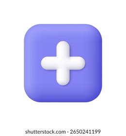 Branco mais ou cruz médica no botão quadrado roxo. ícone de vetor 3d. Estilo mínimo de desenho animado.