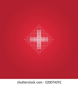 White plus sign created from dots with red background