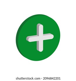 white plus sign in green round 3d isometric vector icon