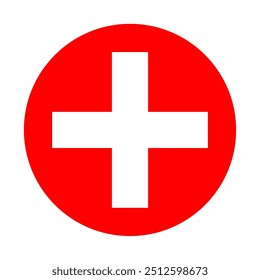 Weißes Pluszeichen auf rotem Kreishintergrund. Zeichen der Gesundheit.