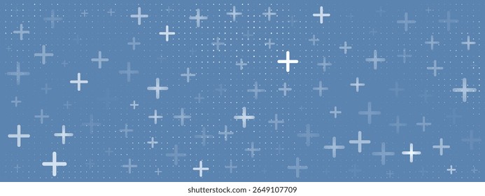 White plus signs form an abstract pattern on a medium blue background, ideal for medical health hospital design. This symbolic element provides a clean and positive tech aesthetic.