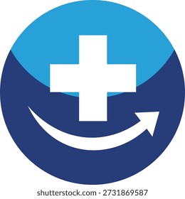 Símbolo de adição branco dentro de círculo azul com seta para cima curva símbolo médico seta para frente saúde