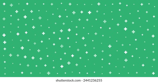 White plus symbols of different sizes and opacity on green background. Abstract pattern of medical cross or mathematical plus pictogram. Vector illustration on cyan background with stars.